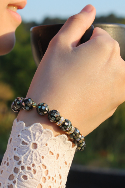 Selen Siyah Sedef Doğal Taş Tasarım Bileklik-4 (925 Ayar Gümüş Üzeri 14K Altın Kaplama)