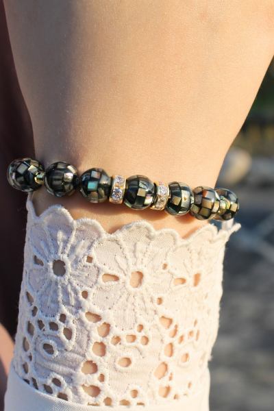 Selen Siyah Sedef Doğal Taş Tasarım Bileklik-4 (925 Ayar Gümüş Üzeri 14K Altın Kaplama)