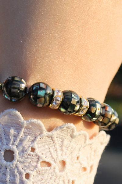 Selen Siyah Sedef Doğal Taş Tasarım Bileklik-4 (925 Ayar Gümüş Üzeri 14K Altın Kaplama)