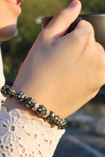 Selen Siyah Sedef Doğal Taş Tasarım Bileklik-4 (925 Ayar Gümüş Üzeri 14K Altın Kaplama)