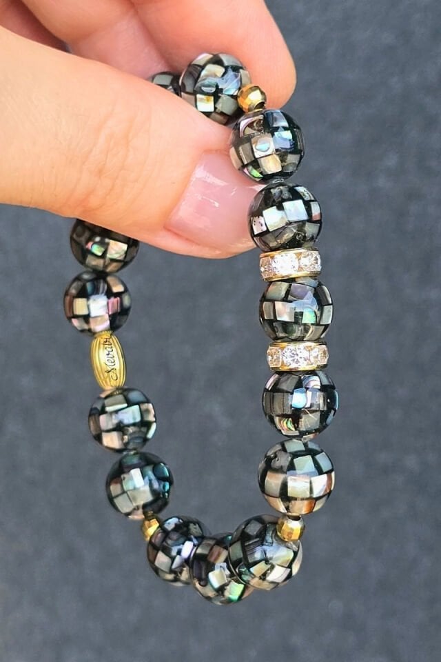 Selen Siyah Sedef Doğal Taş Tasarım Bileklik-4 (925 Ayar Gümüş Üzeri 14K Altın Kaplama)