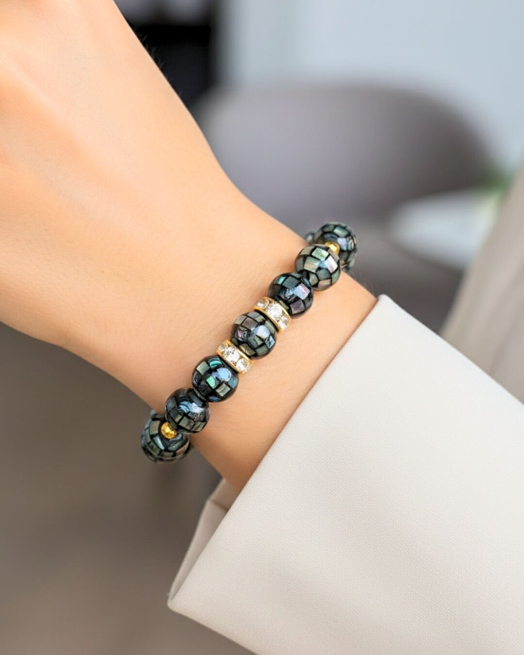 Selen Siyah Sedef Doğal Taş Tasarım Bileklik-4 (925 Ayar Gümüş Üzeri 14K Altın Kaplama)