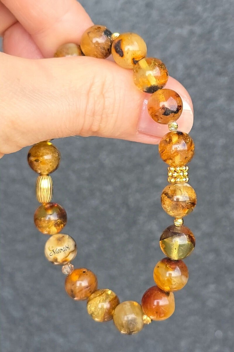 Nicole Kehribar Doğal Taş Tasarım Bileklik-1 (925 Ayar Gümüş Üzeri 14K Altın Kaplama)