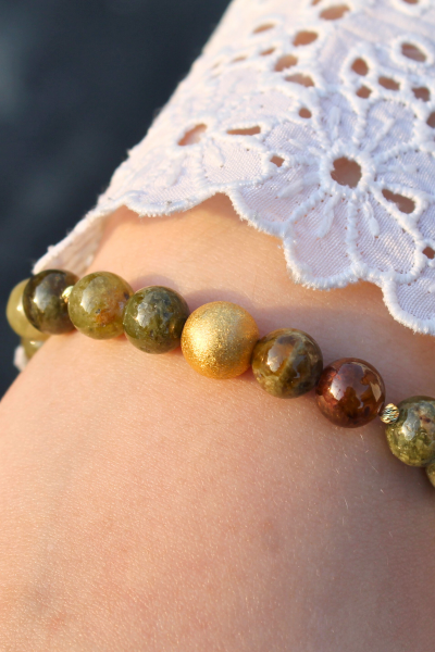 Beray Granat Yeşil Doğal Taş Tasarım Bileklik-1 (925 Ayar Gümüş Üzeri 14K Altın Kaplama)