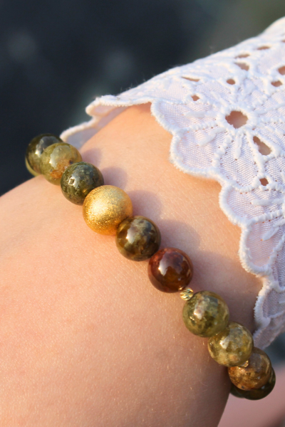 Beray Granat Yeşil Doğal Taş Tasarım Bileklik-1 (925 Ayar Gümüş Üzeri 14K Altın Kaplama)