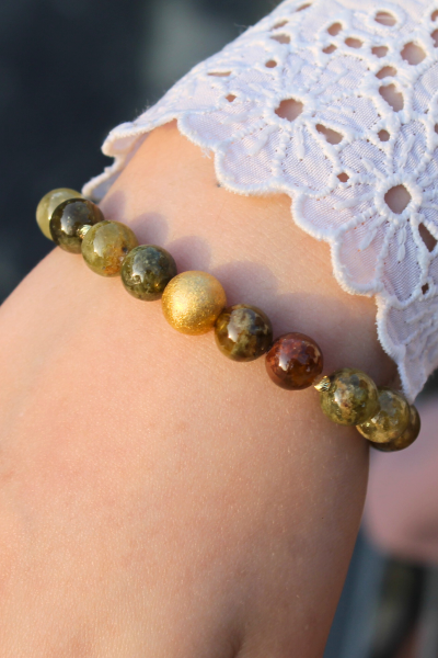 Beray Granat Yeşil Doğal Taş Tasarım Bileklik-1 (925 Ayar Gümüş Üzeri 14K Altın Kaplama)