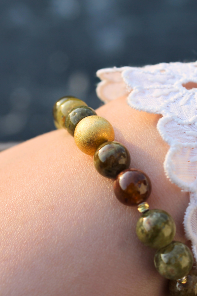Beray Granat Yeşil Doğal Taş Tasarım Bileklik-1 (925 Ayar Gümüş Üzeri 14K Altın Kaplama)