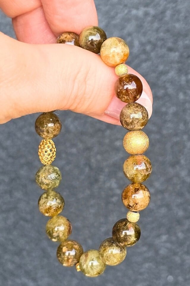 Beray Granat Yeşil Doğal Taş Tasarım Bileklik-1 (925 Ayar Gümüş Üzeri 14K Altın Kaplama)