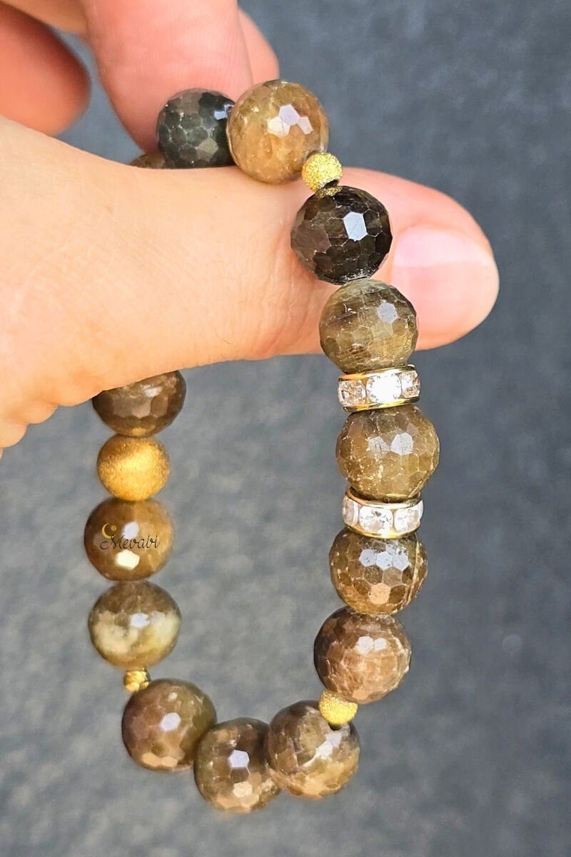 Hevin Safir Doğal Taş Tasarım Bileklik-3 (925 Ayar Gümüş Üzeri 14K Altın Kaplama)