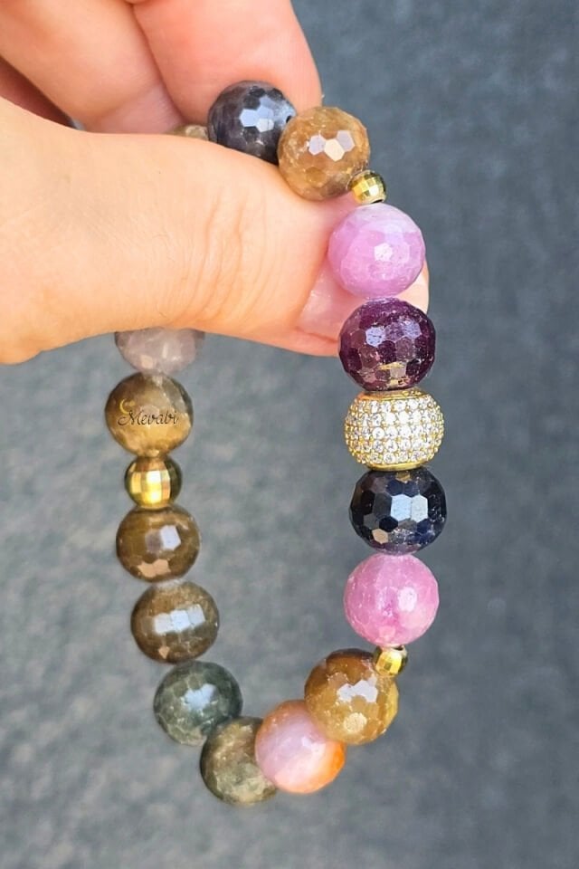 Hevin Safir Doğal Taş Tasarım Bileklik-4 (925 Ayar Gümüş Üzeri 14K Altın Kaplama)