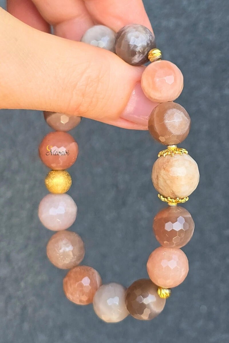 Hera Güneş Taşı Doğal Taş Tasarım Bileklik-4 (925 Ayar Gümüş Üzeri 14K Altın Kaplama)