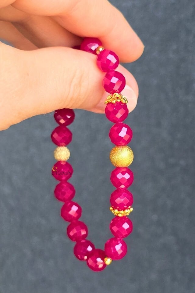 Alanur Rubellit Turmalin Doğal Taş Tasarım Bileklik-3 (925 Ayar Gümüş Üzeri 14K Altın Kaplama)