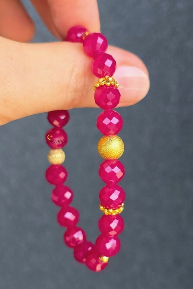 Alanur Rubellit Turmalin Doğal Taş Tasarım Bileklik-3 (925 Ayar Gümüş Üzeri 14K Altın Kaplama)