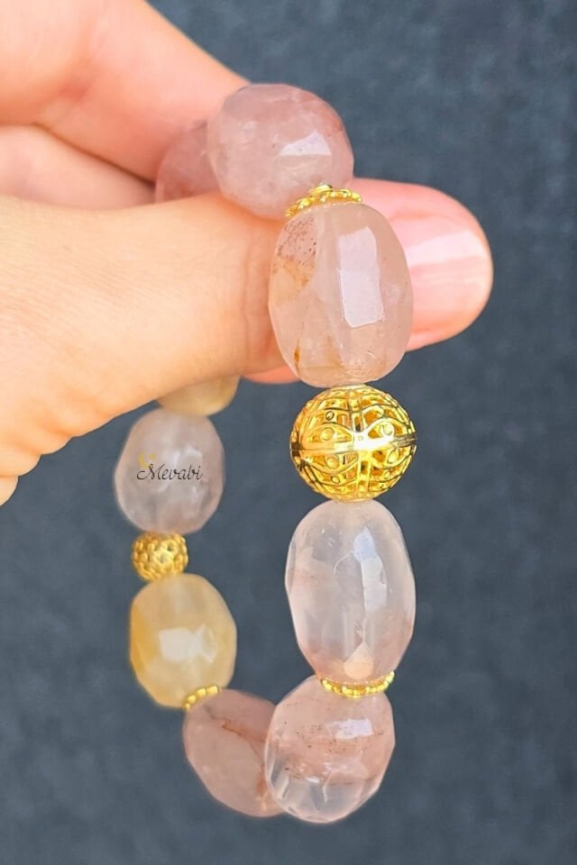 Dora Rutilli Kuvars Doğal Taş Tasarım Bileklik-3 (925 Ayar Gümüş Üzeri 14K Altın Kaplama)