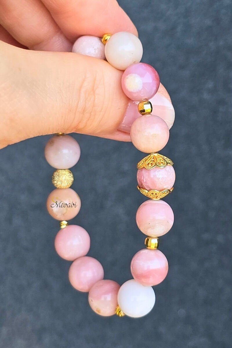 Gülfem Pembe Opal Doğal Taş Tasarım Bileklik-3 (925 Ayar Gümüş Üzeri 14K Altın Kaplama)