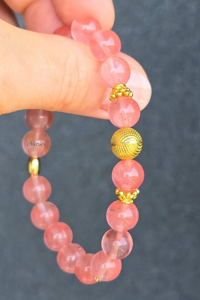 Roesia Gül Kuvars Doğal Taş Tasarım Bileklik-1 (925 Ayar Gümüş Üzeri 14K Altın Kaplama)