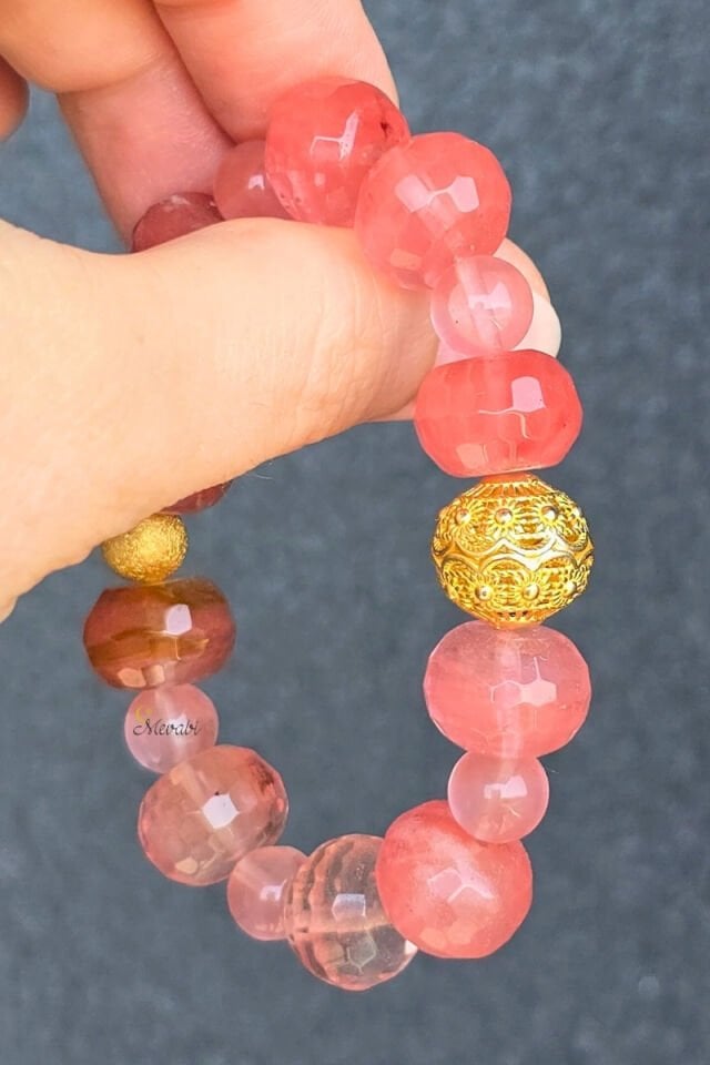 Roesia Gül Kuvars Doğal Taş Tasarım Bileklik-2 (925 Ayar Gümüş Üzeri 14K Altın Kaplama)(Kopya)