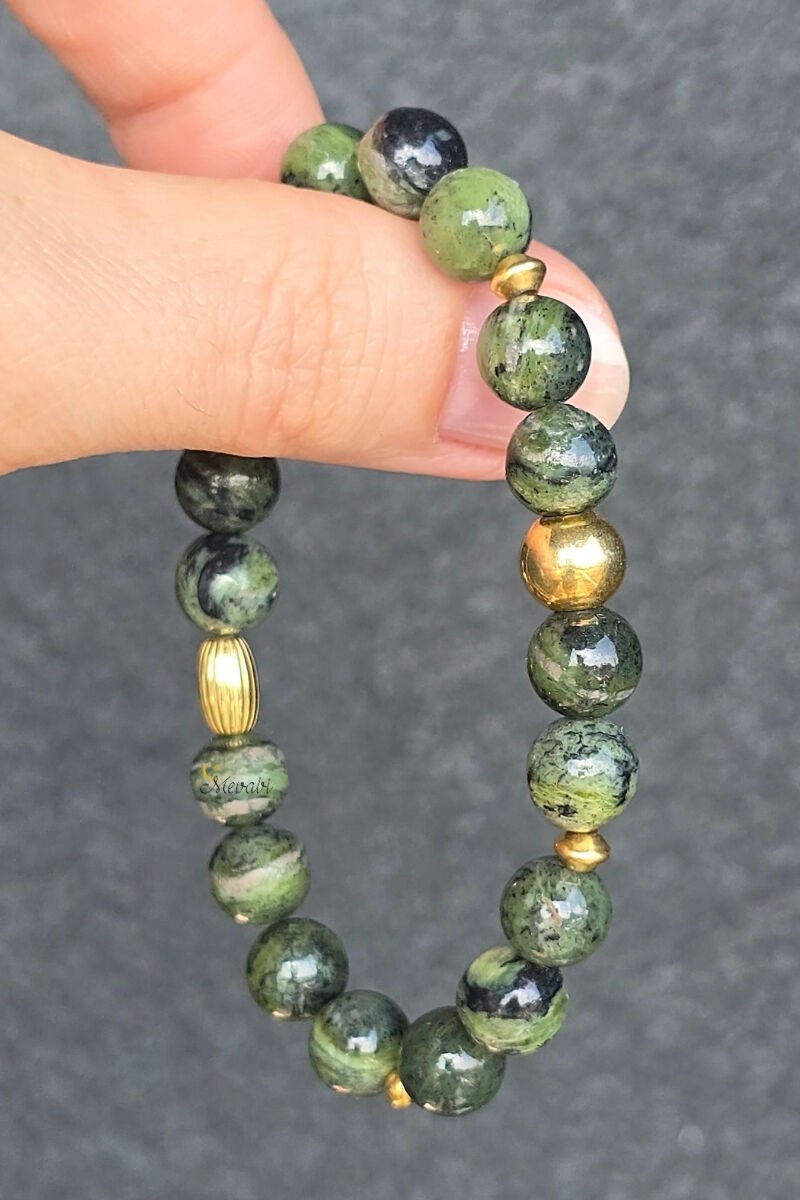 Zoe Kanada Yeşim Doğal Taş Tasarım Bileklik-2 (925 Ayar Gümüş Üzeri 14K Altın Kaplama)