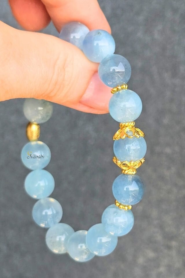 Patrice Akuamarin Doğal Taş Tasarım Bileklik-1 (925 Ayar Gümüş Üzeri 14K Altın Kaplama)