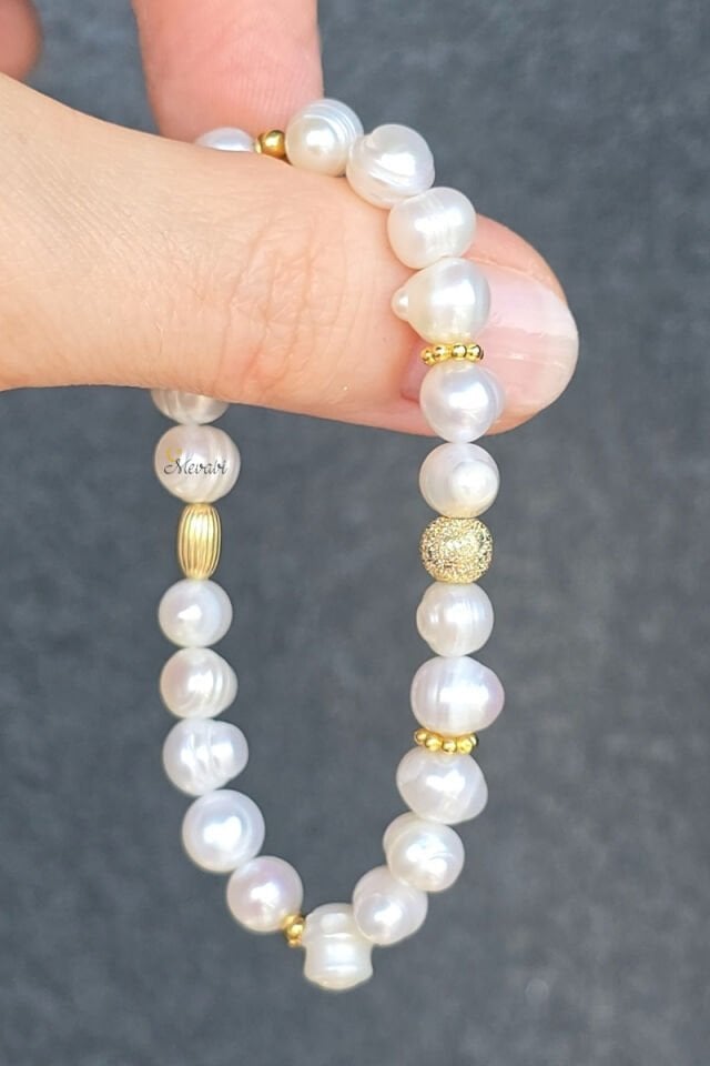 Majori Gerçek İnci Doğal Taş Tasarım Bileklik-1 (925 Ayar Gümüş Üzeri 14K Altın Kaplama))