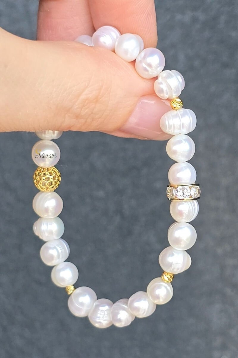 Majori Gerçek İnci Doğal Taş Tasarım Bileklik-2 (925 Ayar Gümüş Üzeri 14K Altın Kaplama)