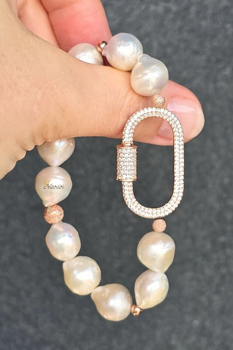 Majori Gerçek İnci Doğal Taş Tasarım Bileklik-5 (925 Ayar Gümüş Üzeri 14K Rose Altın Kaplama)