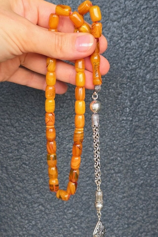 925 Ayar Gümüş Püsküllü Kapsül Kesim Sarı Sıkma Kehribar Tesbih 33'lü