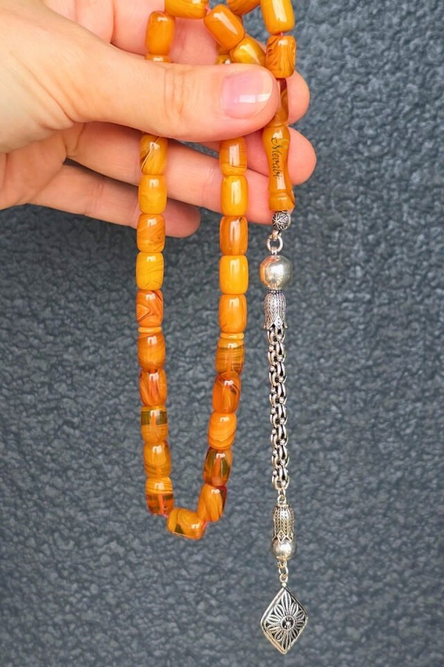 925 Ayar Gümüş Püsküllü Kapsül Kesim Sarı Sıkma Kehribar Tesbih 33'lü