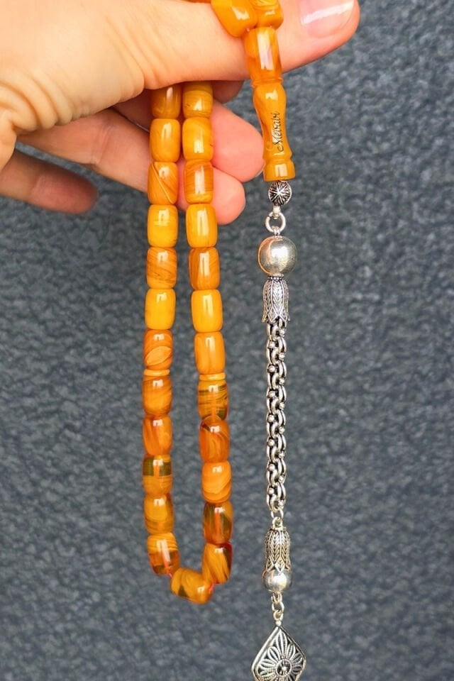 925 Ayar Gümüş Püsküllü Kapsül Kesim Sarı Sıkma Kehribar Tesbih 33'lü