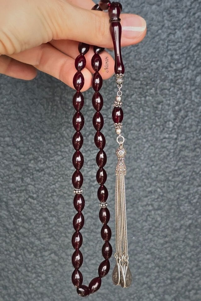 925 Ayar Gümüş Püsküllü Beyzi Kesim Sıkma Kehribar Tesbih 33'lü