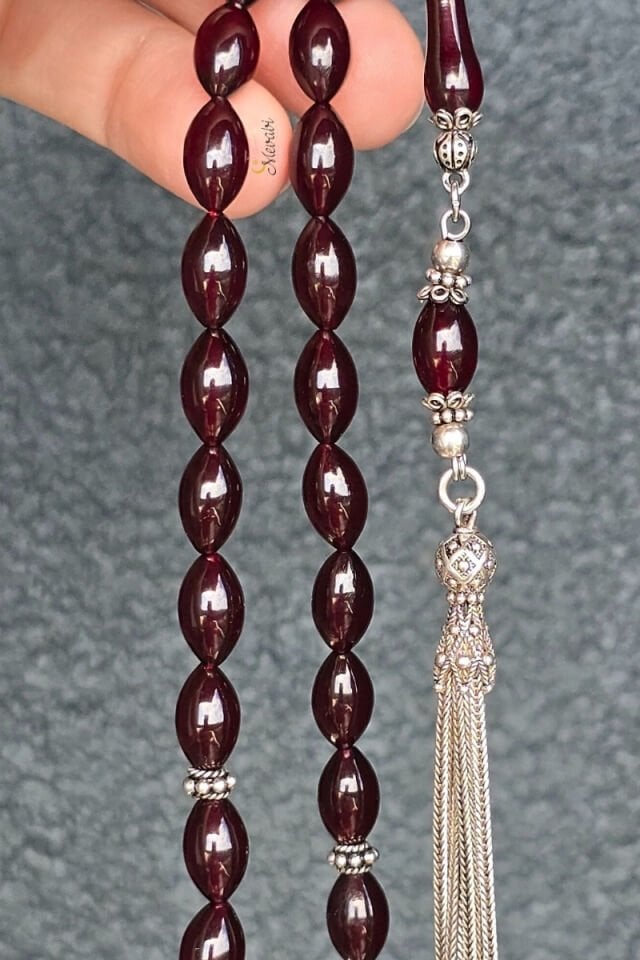 925 Ayar Gümüş Püsküllü Beyzi Kesim Sıkma Kehribar Tesbih 33'lü