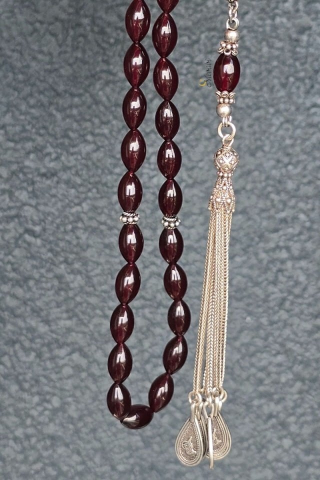 925 Ayar Gümüş Püsküllü Beyzi Kesim Sıkma Kehribar Tesbih 33'lü