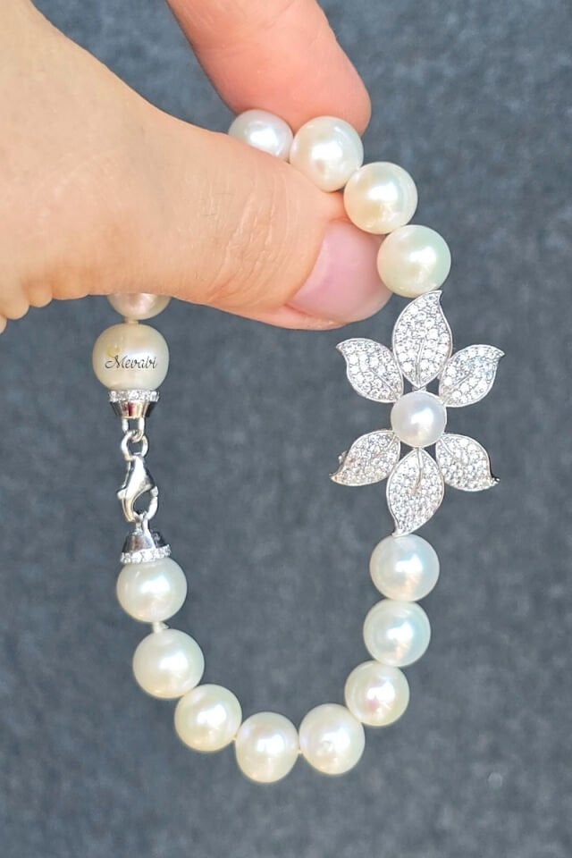 Majori Gerçek İnci Doğal Taş Tasarım Bileklik-9 (925 Ayar Gümüş)