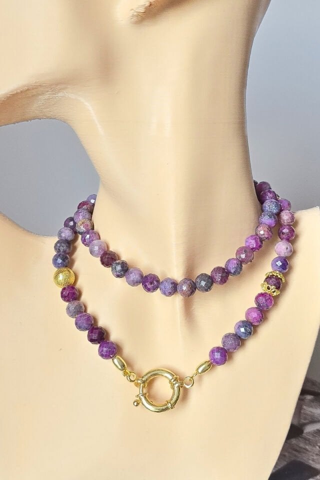 Ece Yakut Doğal Taş Tasarım Kolye-1 (925 Ayar Gümüş Üzeri 14K Altın Kaplama)