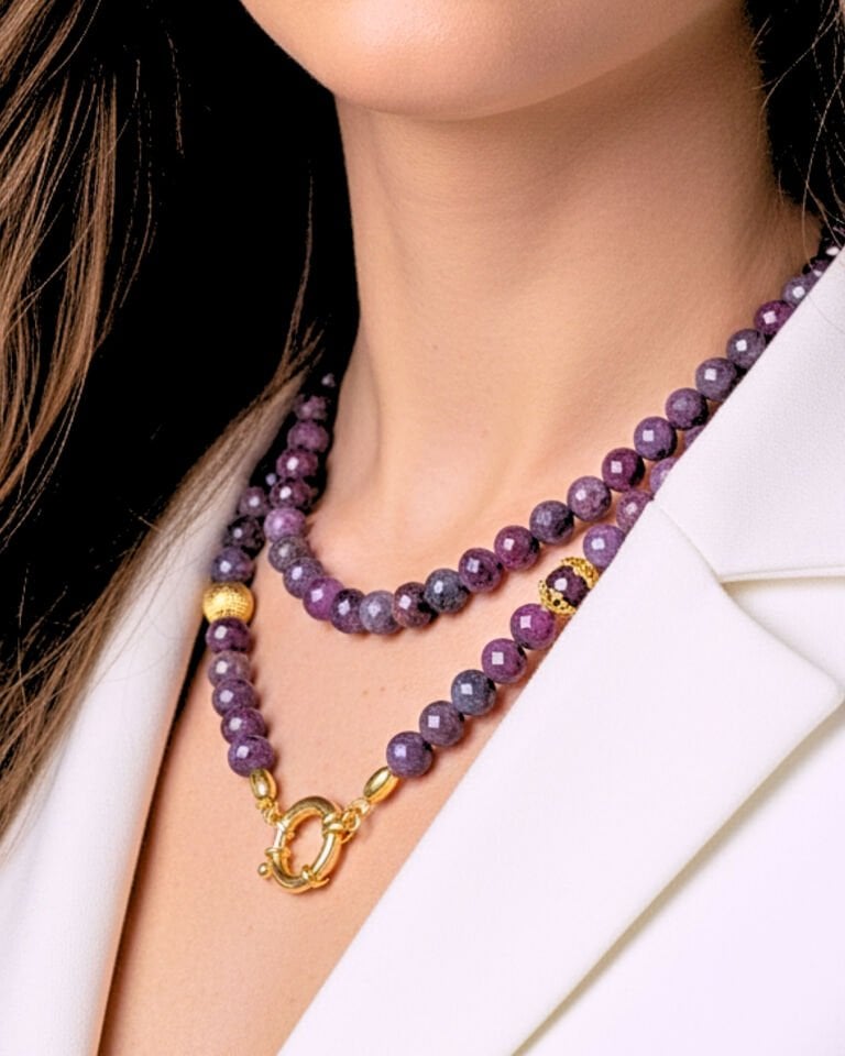 Ece Yakut Doğal Taş Tasarım Kolye-1 (925 Ayar Gümüş Üzeri 14K Altın Kaplama)