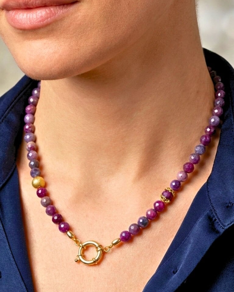 Ece Yakut Doğal Taş Tasarım Kolye-1 (925 Ayar Gümüş Üzeri 14K Altın Kaplama)