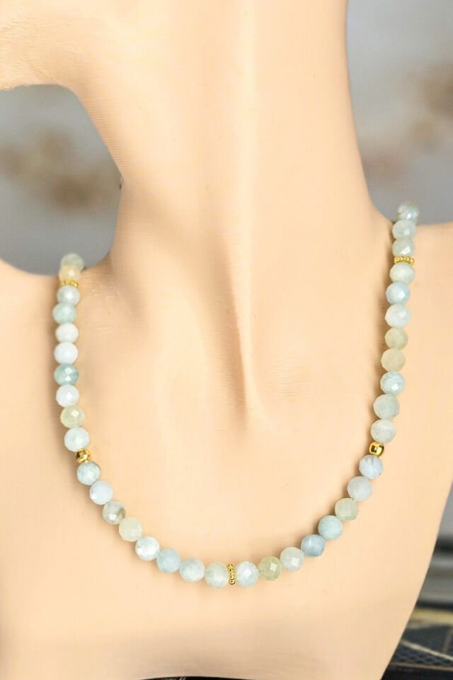 Patrice Akuamarin Doğal Taş Tasarım Kolye (925 Ayar Gümüş Üzeri 14K Altın Kaplama)