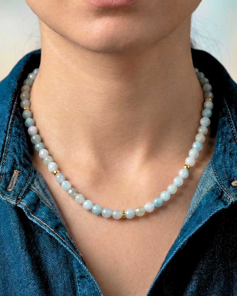 Patrice Akuamarin Doğal Taş Tasarım Kolye (925 Ayar Gümüş Üzeri 14K Altın Kaplama)