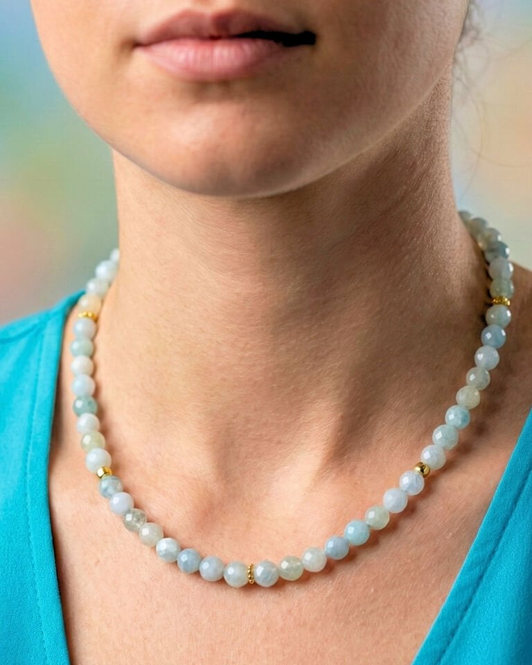 Patrice Akuamarin Doğal Taş Tasarım Kolye (925 Ayar Gümüş Üzeri 14K Altın Kaplama)