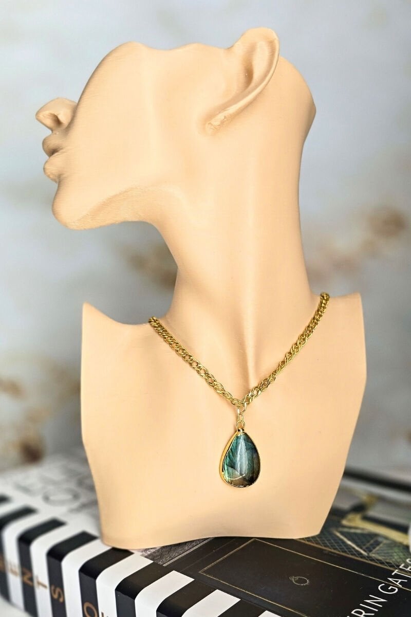 Dide Labradorit Doğal Taş Tasarım Kolye (925 Ayar Gümüş Üzeri 14K Altın Kaplama)