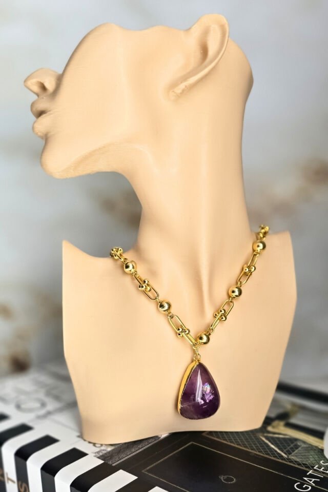 Zeren Tiffany + Ametist Doğal Taş Tasarım Kolye (925 Ayar Gümüş Üzeri 14K Altın Kaplama)