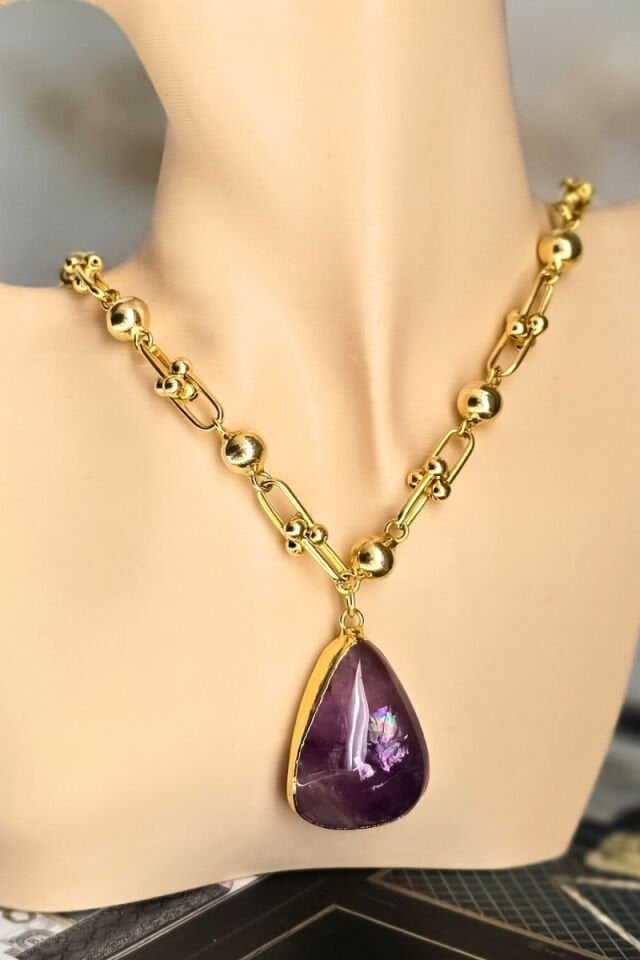 Zeren Tiffany + Ametist Doğal Taş Tasarım Kolye (925 Ayar Gümüş Üzeri 14K Altın Kaplama)