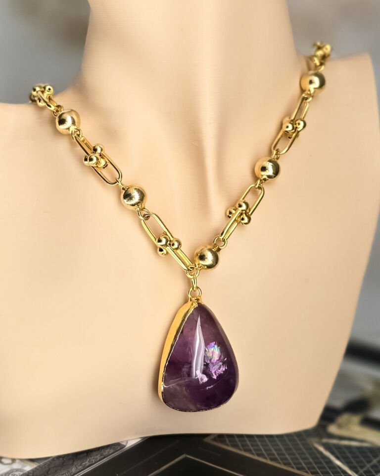 Zeren Tiffany + Ametist Doğal Taş Tasarım Kolye (925 Ayar Gümüş Üzeri 14K Altın Kaplama)