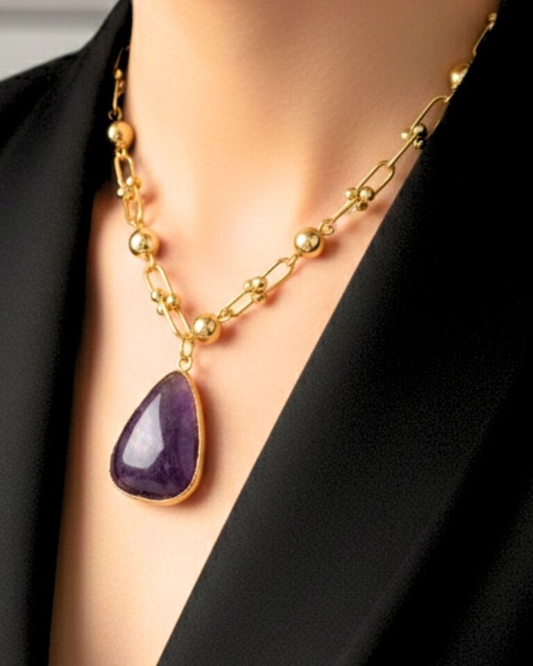 Zeren Tiffany + Ametist Doğal Taş Tasarım Kolye (925 Ayar Gümüş Üzeri 14K Altın Kaplama)