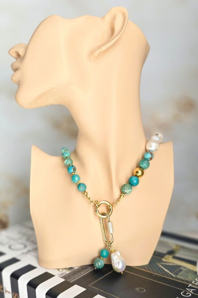 Eliza Turkuaz + Barok İnci Doğal Taş Tasarım Kolye (925 Ayar Gümüş Üzeri 14K Altın Kaplama)