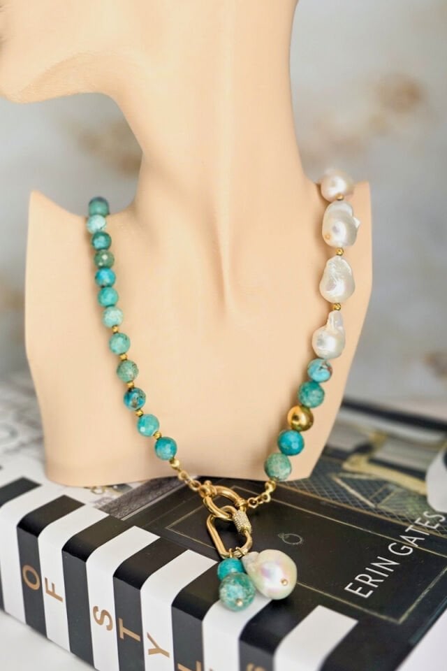 Eliza Turkuaz + Barok İnci Doğal Taş Tasarım Kolye (925 Ayar Gümüş Üzeri 14K Altın Kaplama)