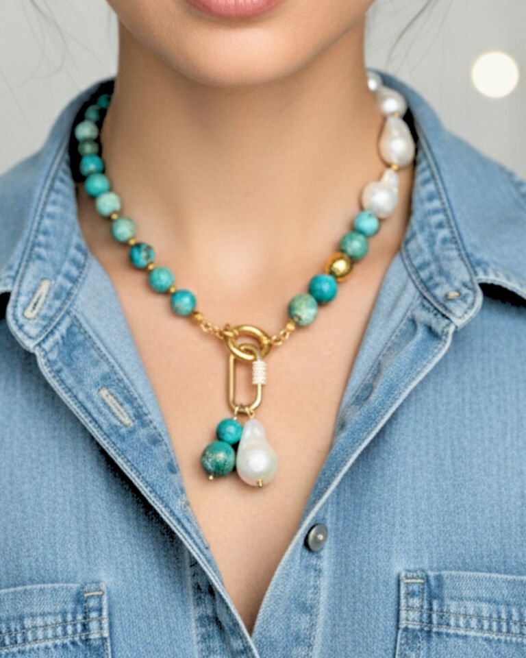 Eliza Turkuaz + Barok İnci Doğal Taş Tasarım Kolye (925 Ayar Gümüş Üzeri 14K Altın Kaplama)