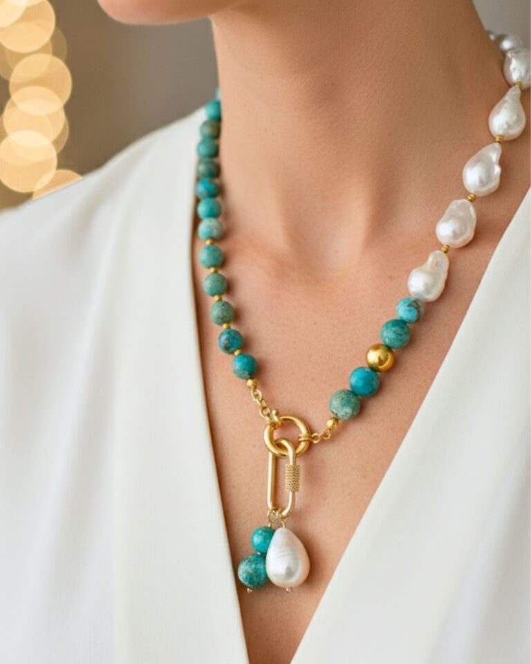 Eliza Turkuaz + Barok İnci Doğal Taş Tasarım Kolye (925 Ayar Gümüş Üzeri 14K Altın Kaplama)