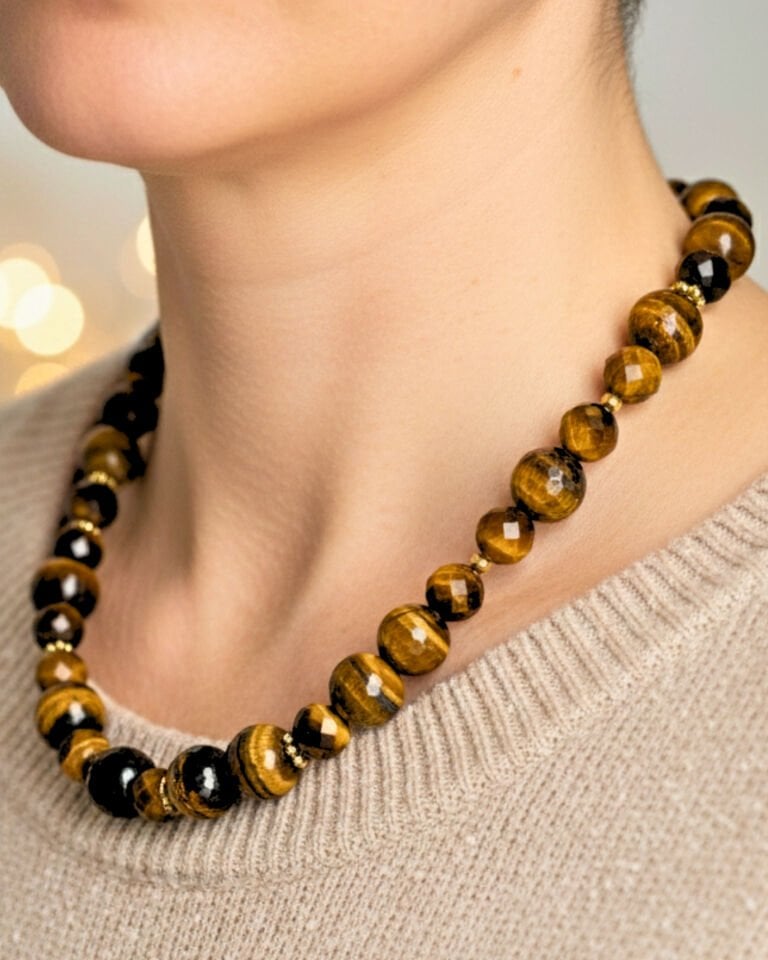 Berşan Kaplan Gözü Doğal Taş Tasarım Kolye (925 Ayar Gümüş Üzeri 14K Altın Kaplama)