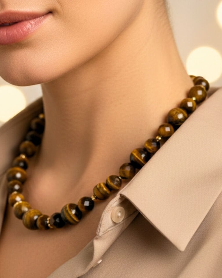 Berşan Kaplan Gözü Doğal Taş Tasarım Kolye (925 Ayar Gümüş Üzeri 14K Altın Kaplama)